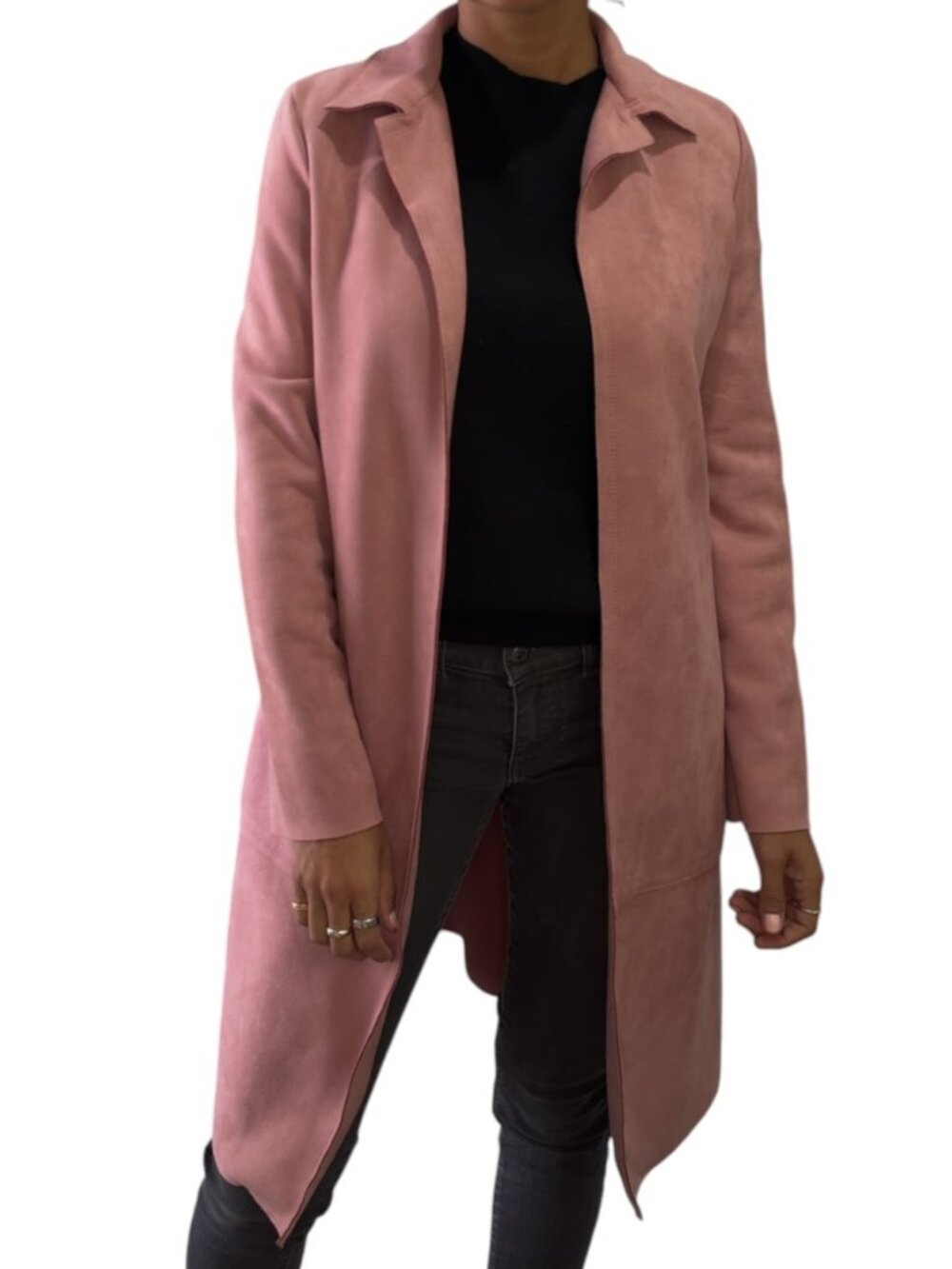 Zara Dusty Rose Mauve Faux Suede Coat Open Front Longline Size XS